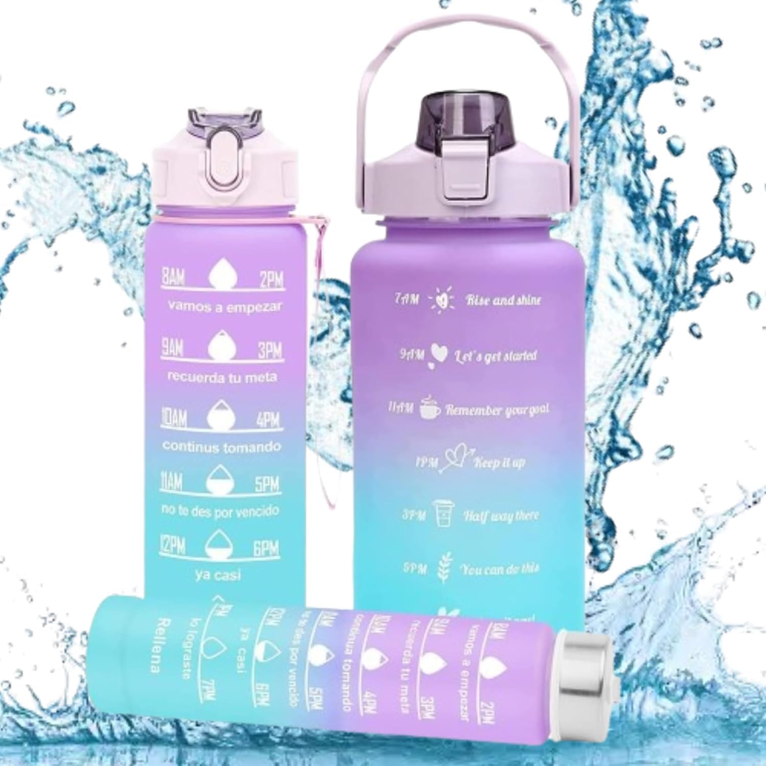 Set of 3 Translucent Water Bottle 2000ML, 900ML, 300ML with Motivational Time Marker