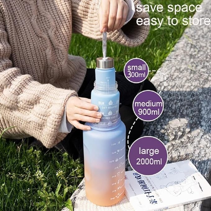 Set of 3 Translucent Water Bottle 2000ML, 900ML, 300ML with Motivational Time Marker