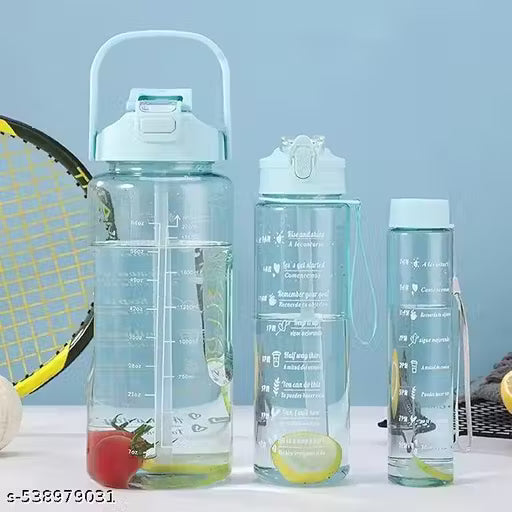 Set of 3 Transparent Water Bottle 2000ML, 900ML, 300ML with Motivational Time Marker
